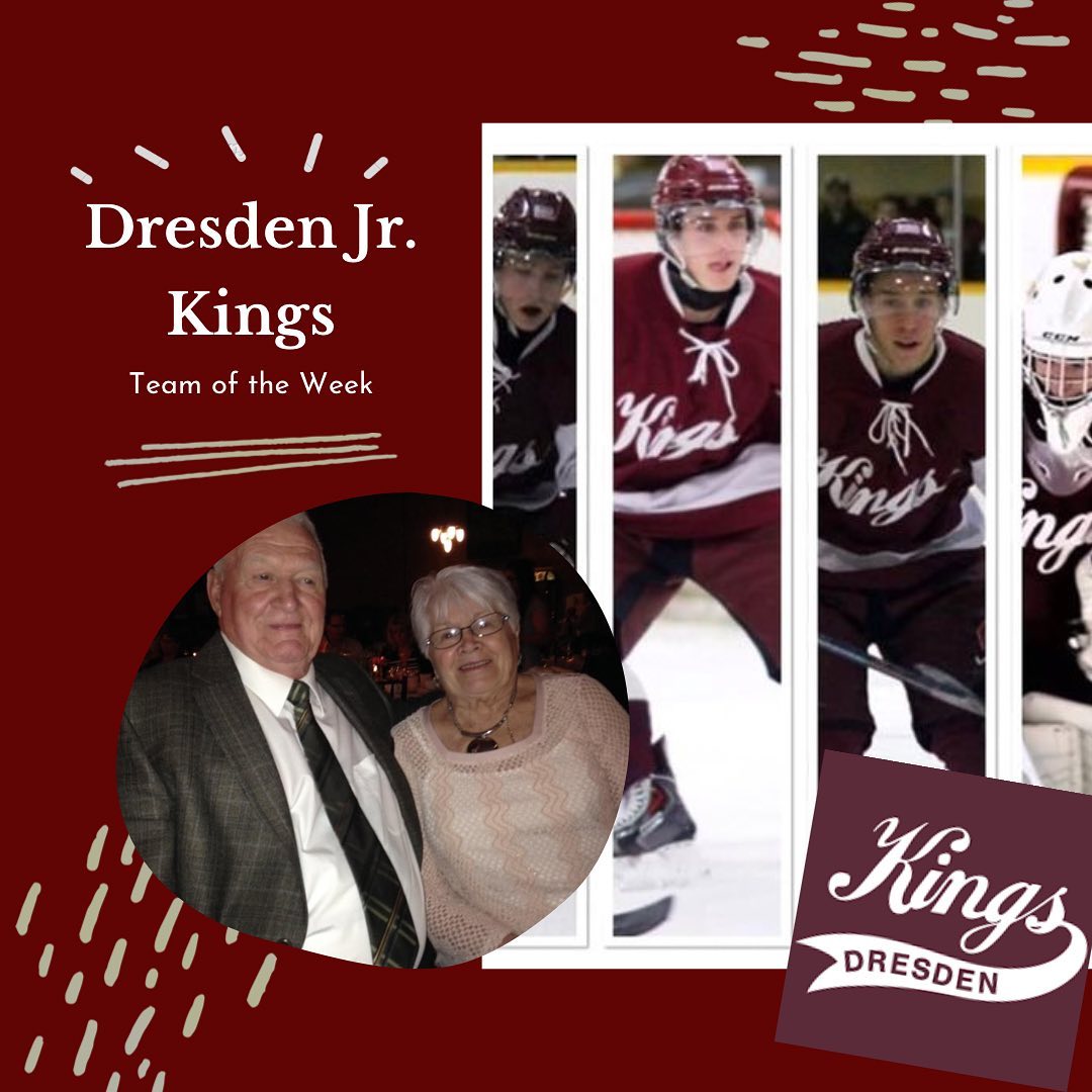 The Dresden Jr Kings are community owned and operated since 1969 - one of the oldest team in the Stobbs division.  The Jr kings embrace a team philosophy of community and family, this philosophy is evident with one of our longest standing volunteers.
Donna Babcock started running the concession booth at the old Dresden Arena in 1958 and she absolutely loves her newest job now, selling 50/50 tickets at the Kings games every Friday night!  She’s an all around community person who knows almost everyone in town.

The Jr Kings pride themselves on development of players with Rookie of the Year in 2014, 15, 16, 19 and PJHL player of the year in 2017 and PJHL MVP 2019