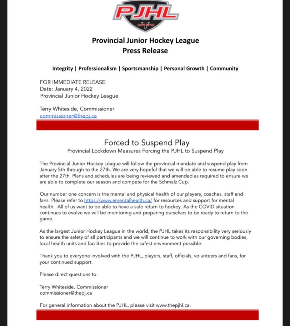 Attention!! Important press release regarding the PJHL 2021/22 season being put on hold due to COVID-19! Please take the time to read!!